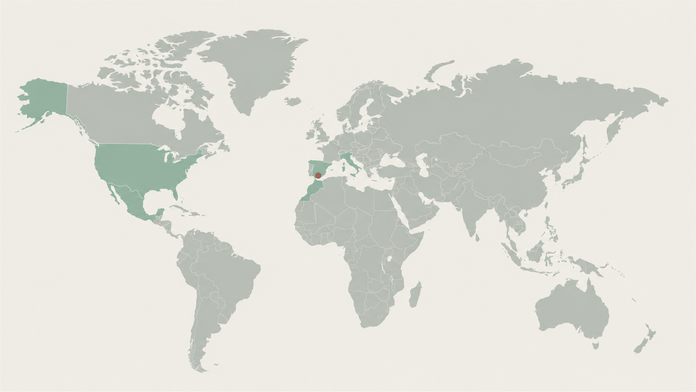 Mapa con los países y ciudades donde he trabajado: España (origen, Málaga), Italia, Marruecos, EEUU (Washington DC, Virginia, Nueva York, Tampa, Miami, Tulsa) y México.
