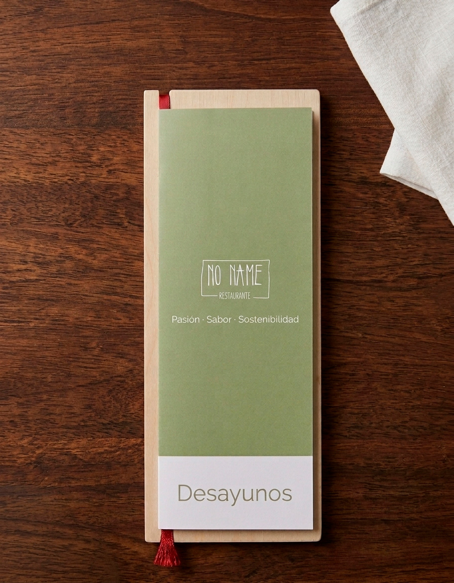 Carta de desayunos del restaurante No Name sobre una mesa de madera