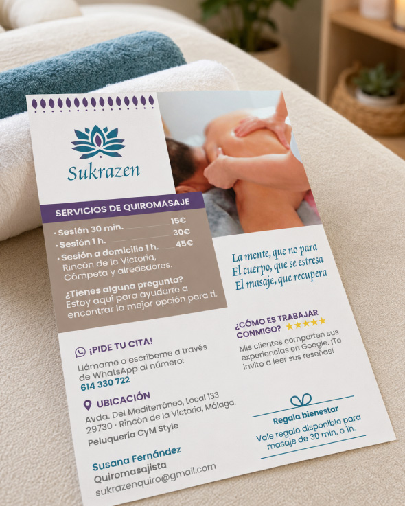Folleto comercial y tarjetas de Sukrazen sobre la mesa de consulta